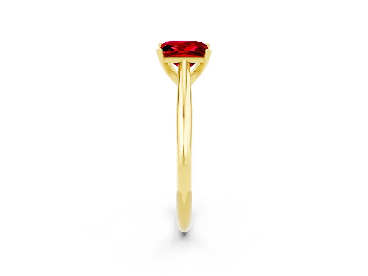 Princess Cut Ruby Solitaire Engagement Ring with Cathedral Setting and Four-Prong Mount Yellow gold