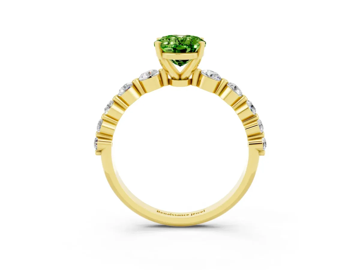 Oval Cut Solitaire Peridot Ring with Pave Band and Four-Prong Setting Yellow gold