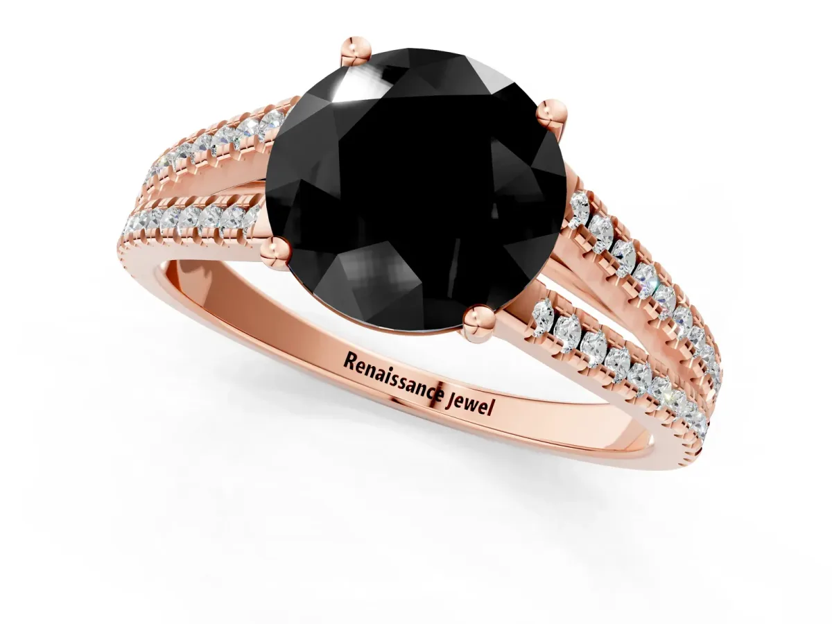 Fancy Black Round Cut Diamond Solitaire Engagement Ring with Split Shank Pavé Band Rose gold