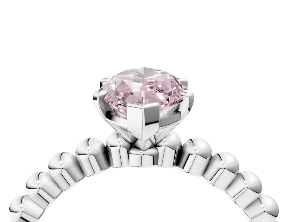 Fancy Pink Marquise Cut Diamond Solitaire Ring with Beaded Band and Prong Setting Silver