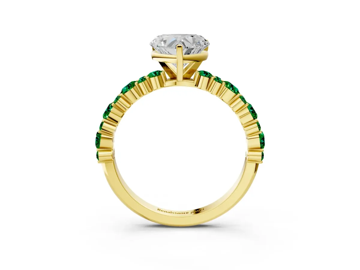 Heart Cut Diamond Side Stone Solitaire Ring with Round Emerald and Four-Prong Setting Yellow gold
