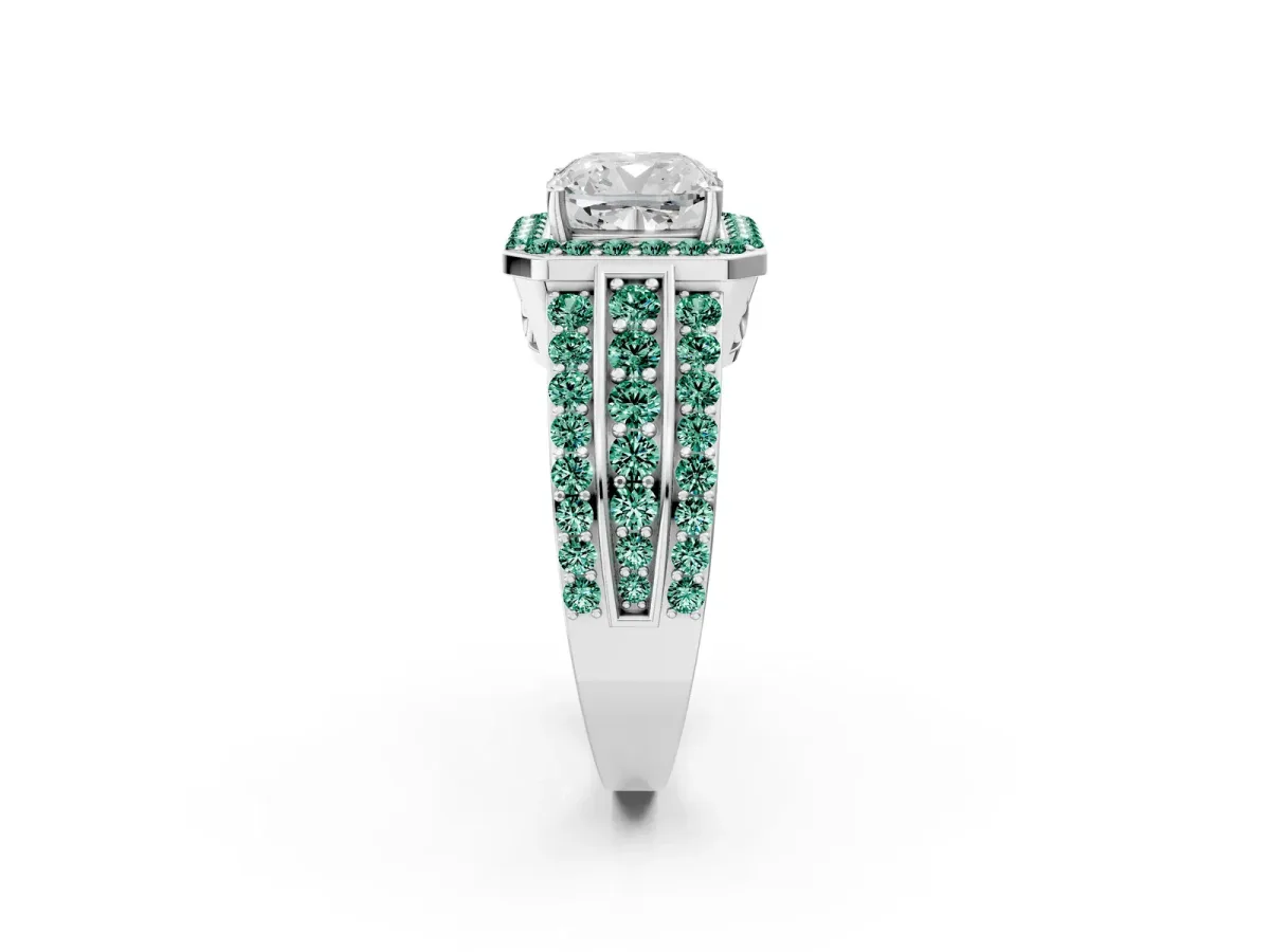 Cushion Cut Halo Diamond Ring with Round Green Sapphire Split Shank and Prong Setting Silver