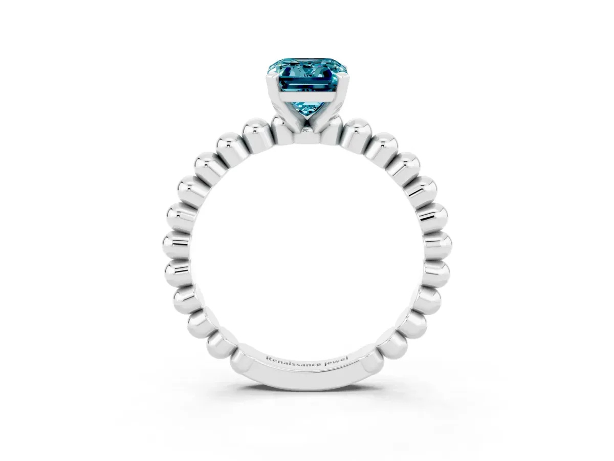 Emerald Cut Blue Topaz Solitaire Ring with Beaded Band and Prong Setting Platinum