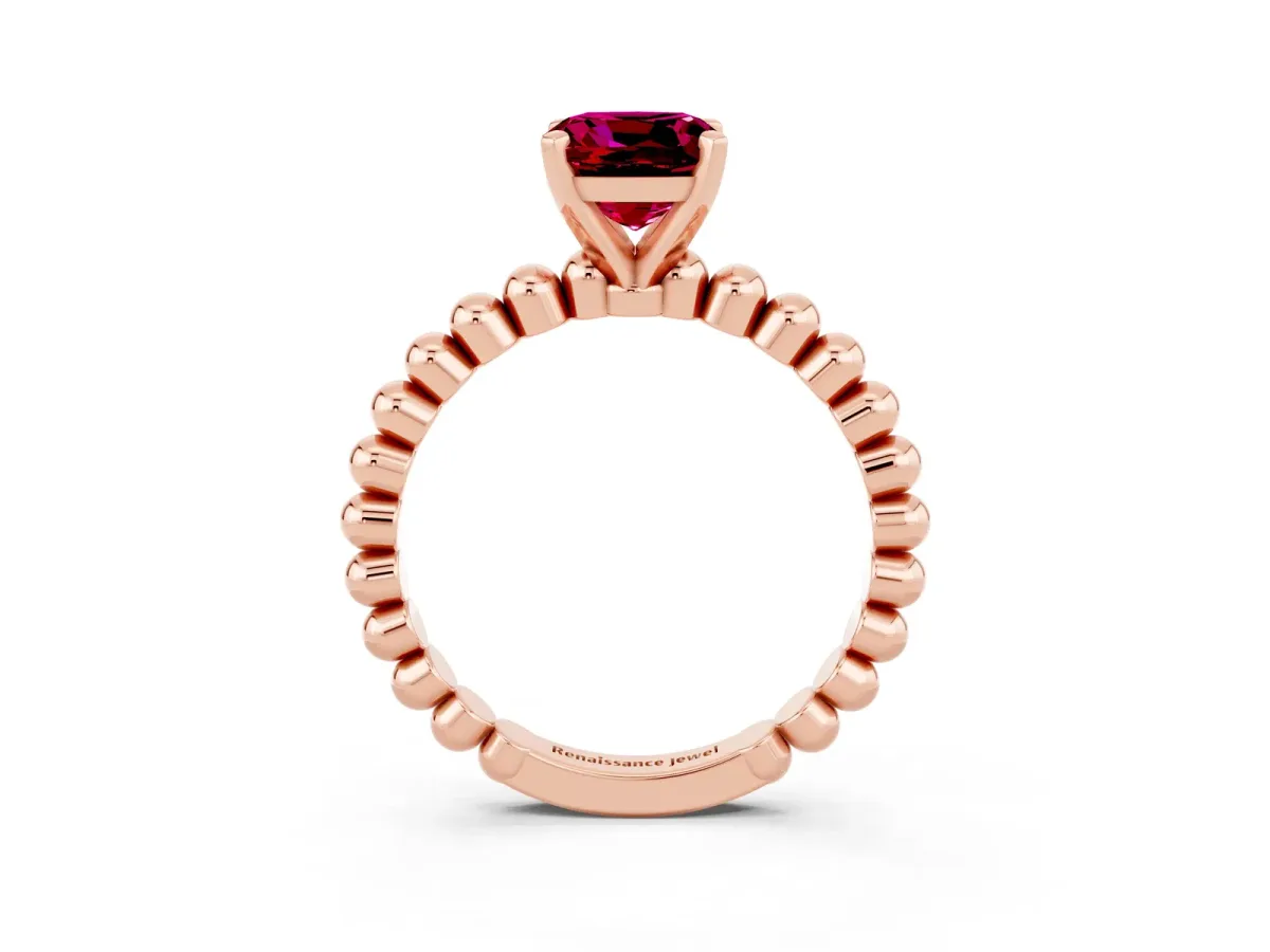 Cushion Cut Garnet Solitaire Ring with Beaded Band and Prong Setting Rose gold