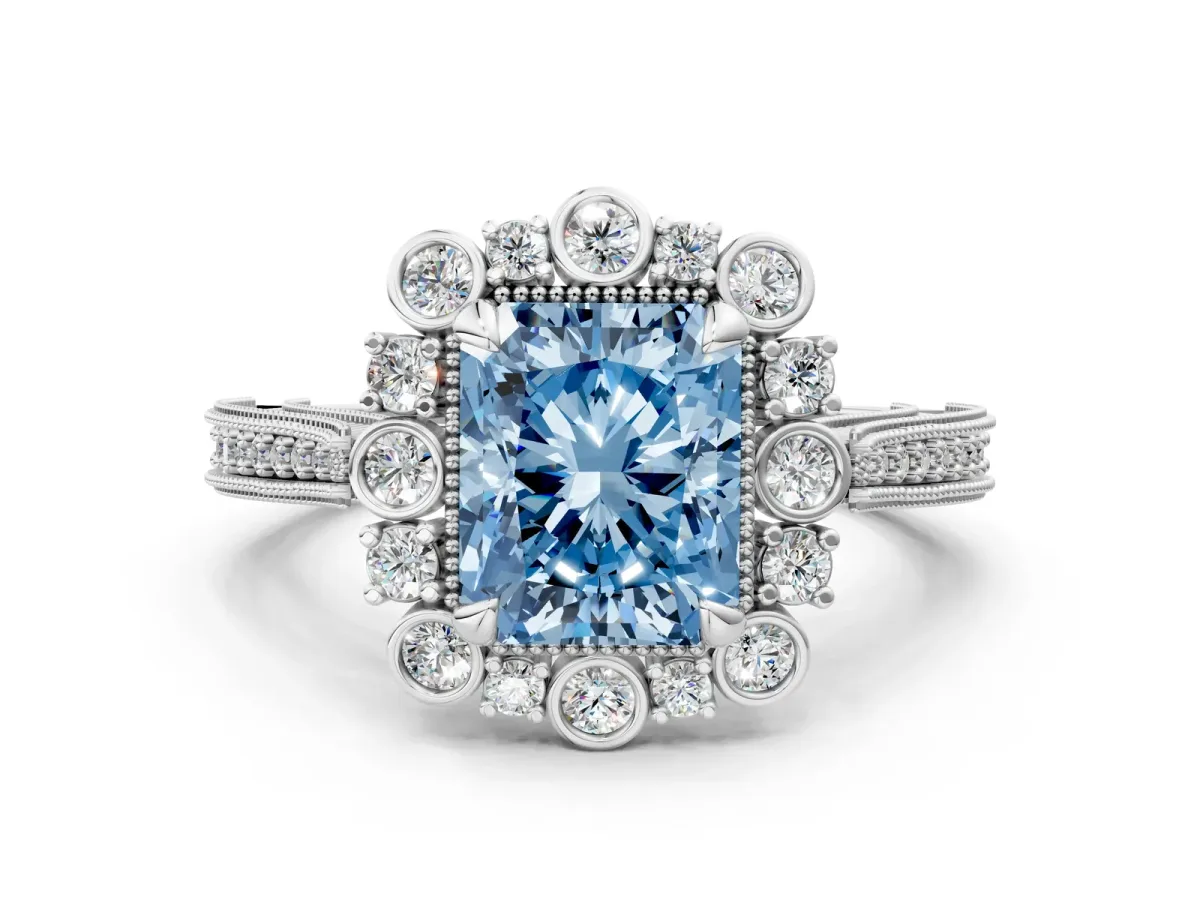 Fancy Blue Radiant Cut Halo Milgrain Pave Diamond Ring with Four-Prong Setting Platinum