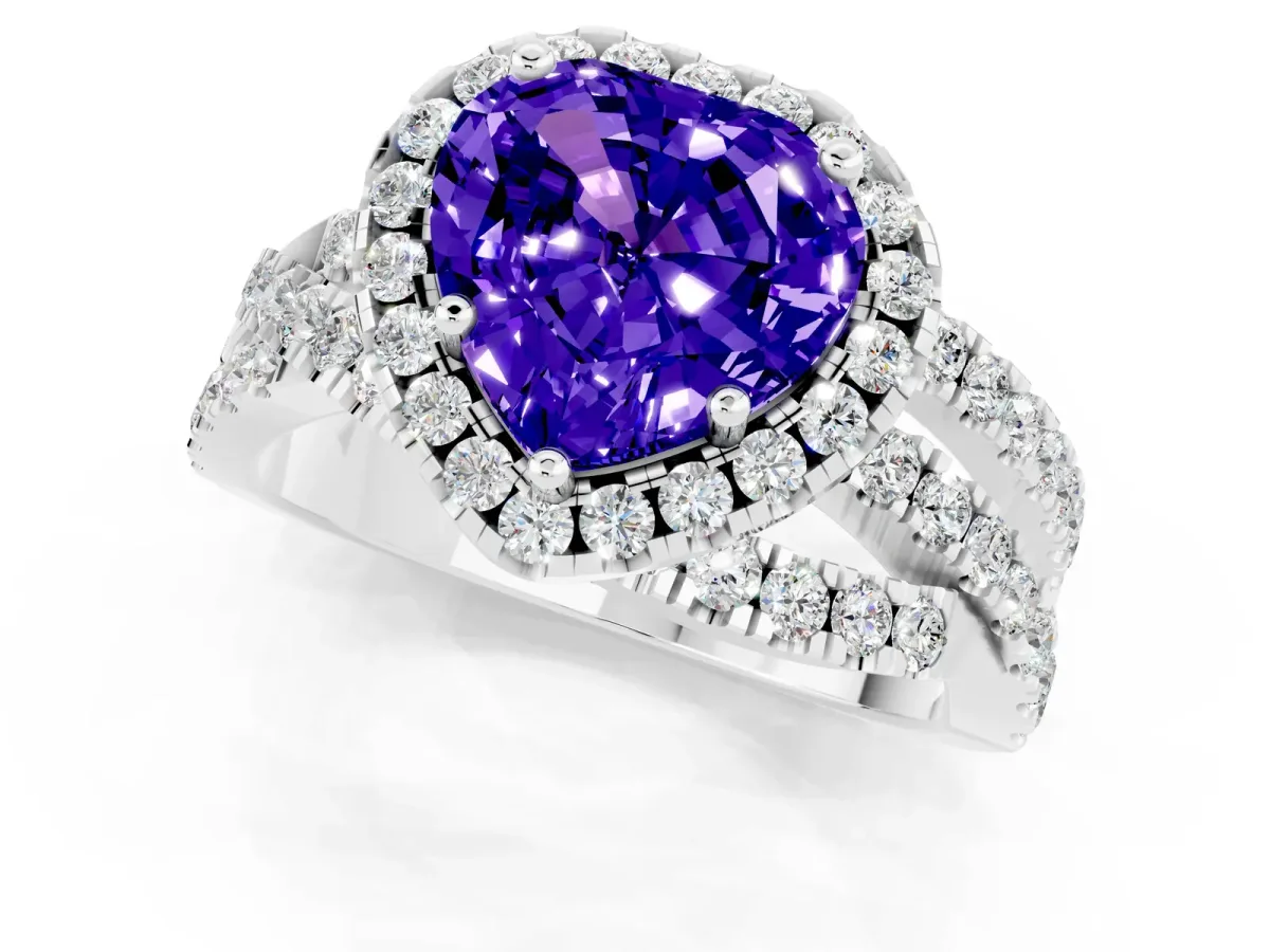 Heart Cut Tanzanite Halo Ring with Round Split Shank and Prong Setting Platinum