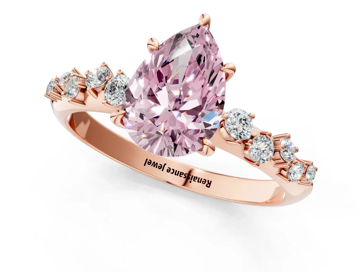 Fancy Pink Pear Cut Diamond Cluster Side Stone Solitaire Ring with Prong Setting Rose gold