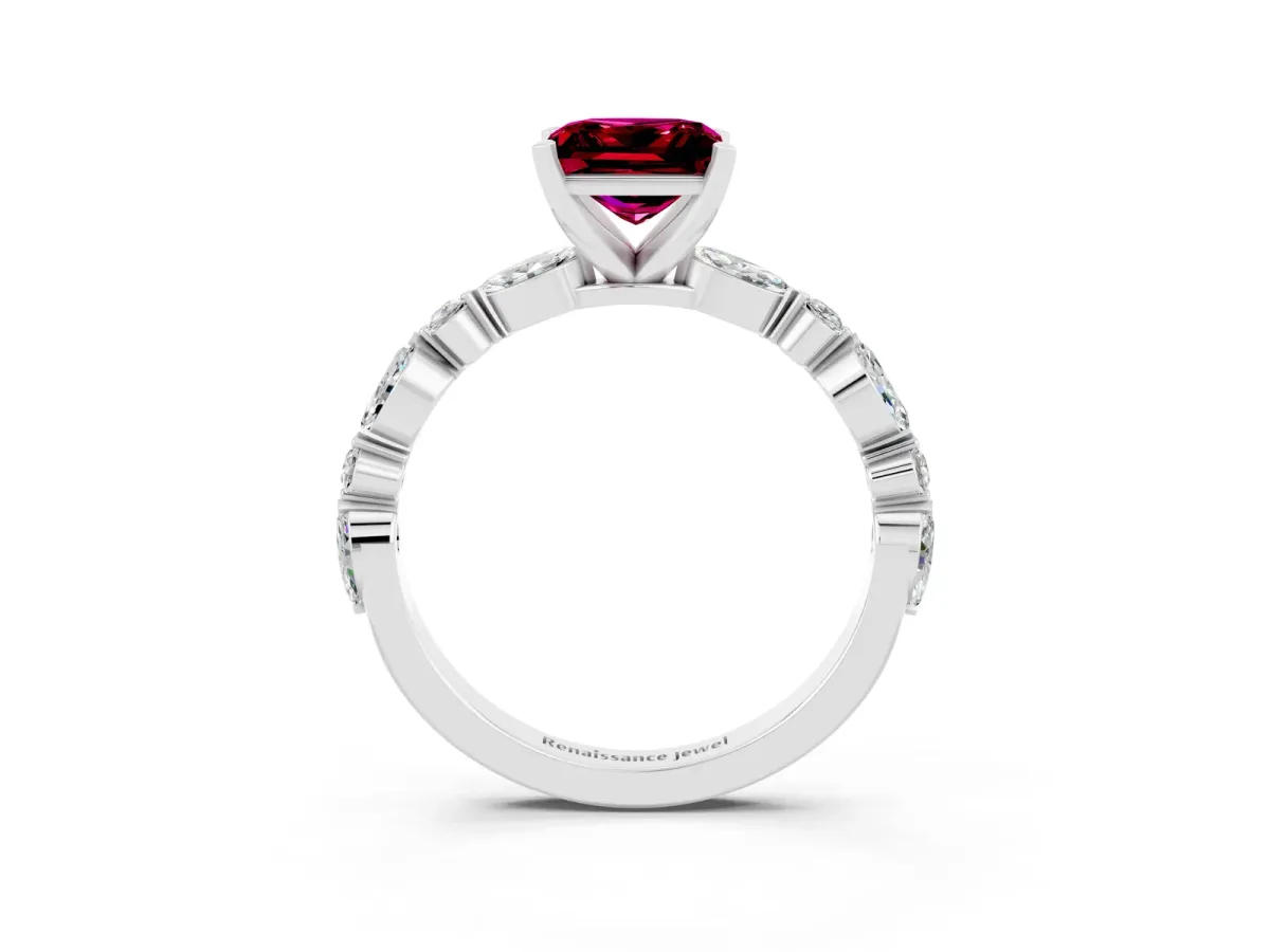 Princess Cut Garnet Ring with Marquise and Round Side Stones and Four-Prong Setting Silver