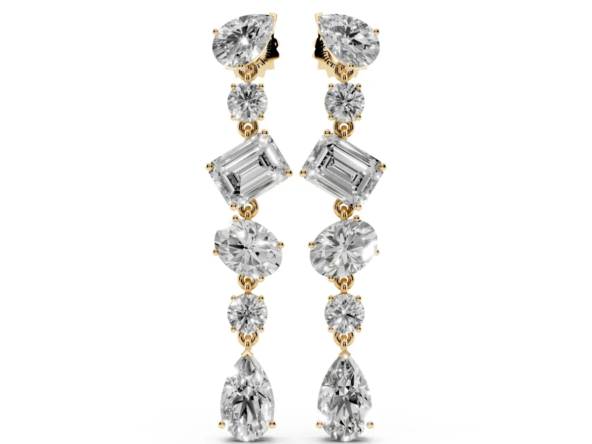 Pear, Oval, Emerald and Round Diamond Waterfall Drop Earrings Yellow gold