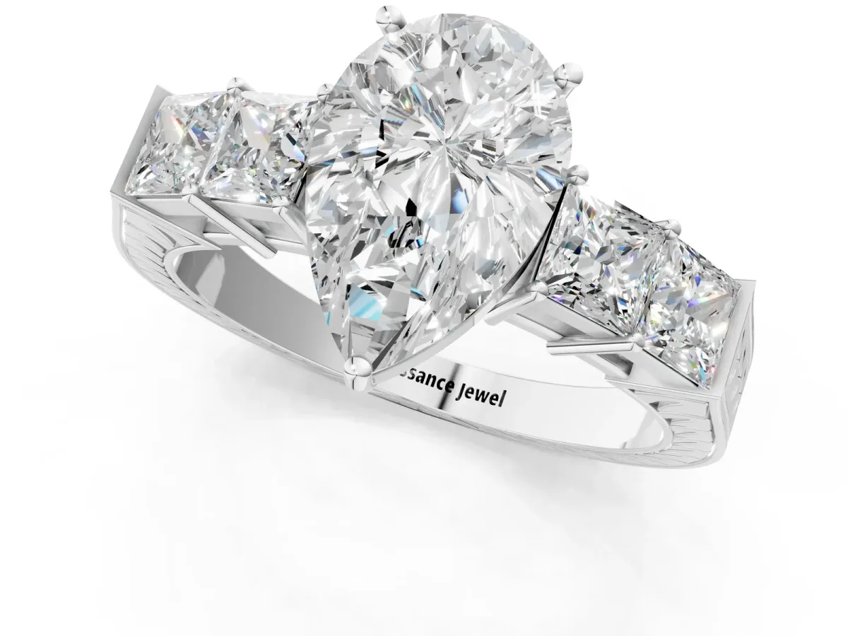 Pear Cut Solitaire Princess Side Stone Engraved Band Prong Setting Ring Platinum
