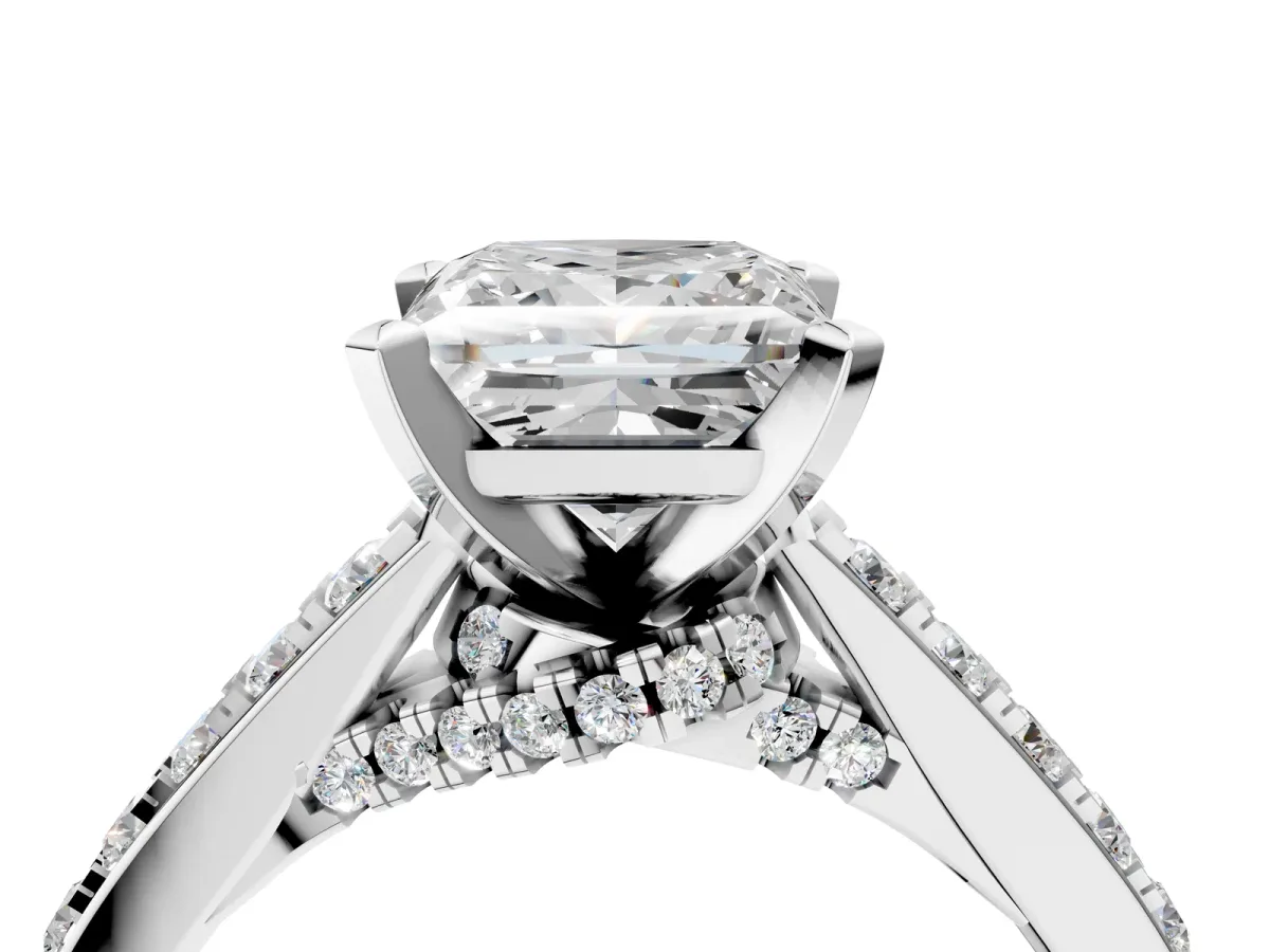 Princess Cut Diamond Solitaire Ring with Crossover Gallery and Round Pavé Band Silver