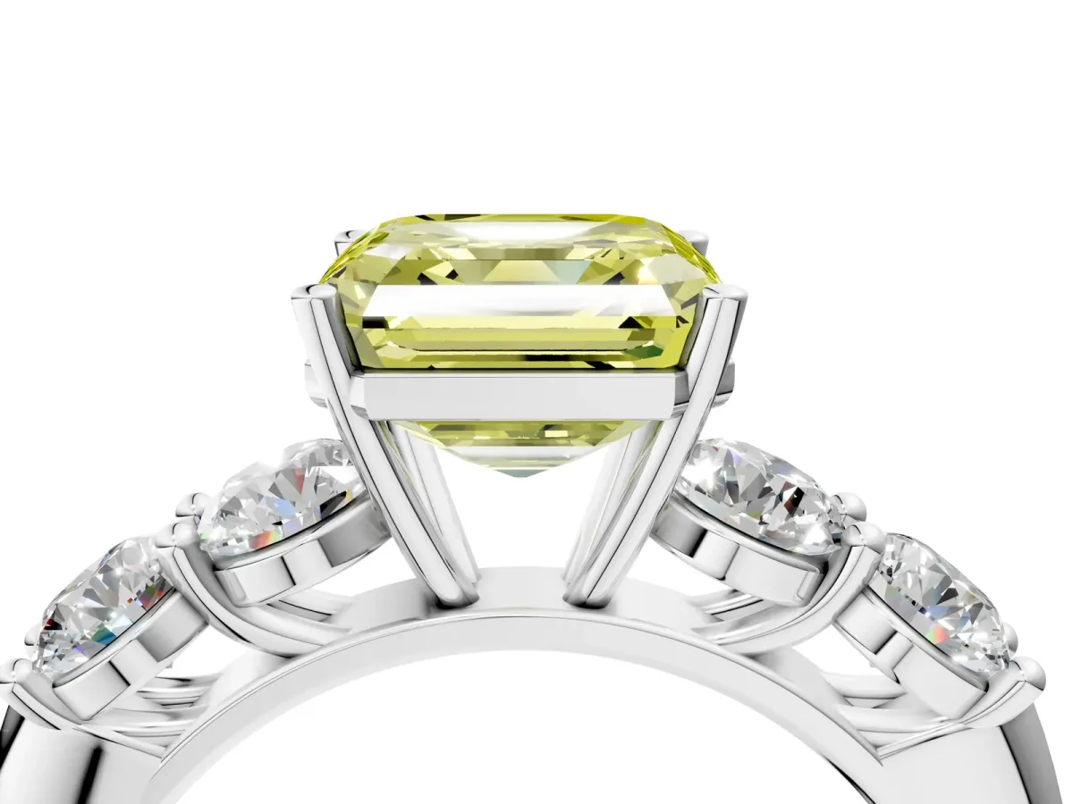 Fancy Yellow Asscher Cut Cut Five-Stone Prong Set Diamond Ring with Classic Band Platinum