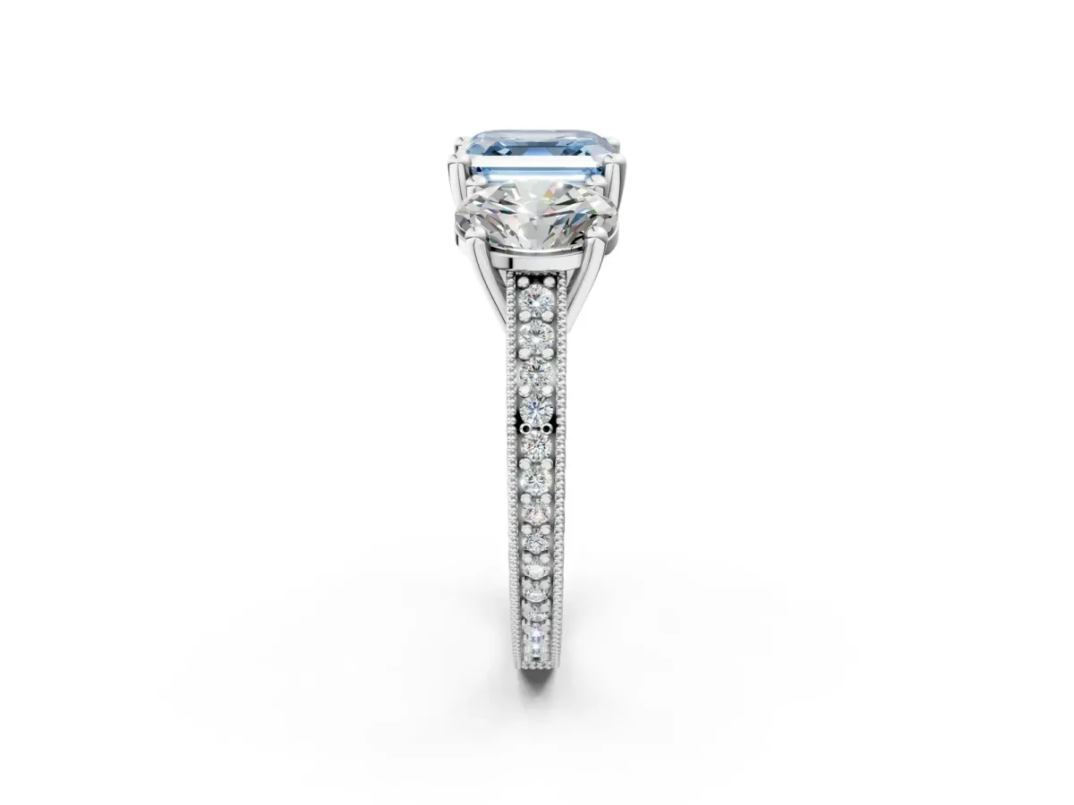 Fancy Blue Three-Stone Asscher Cut Diamond Milgrain Pave Band with Prong Setting Platinum