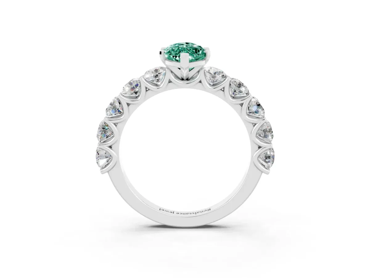 Marquise Cut Green Sapphire Prong Setting with Side Stones on a Pave Band Silver