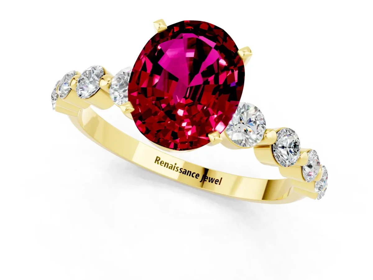 Oval Cut Solitaire Garnet Ring with Pave Band and Four-Prong Setting Yellow gold
