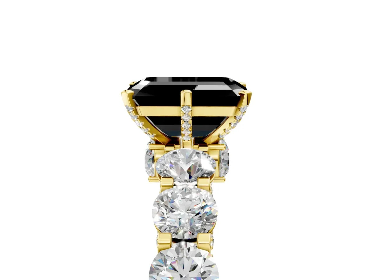 Fancy Black Emerald Cut Diamond Side Stone Engagement Ring with Four-Prong Setting Yellow gold