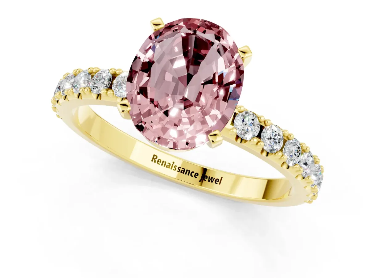 Oval Cut Morganite Solitaire Pavé Band with Four-Prong Setting Yellow gold