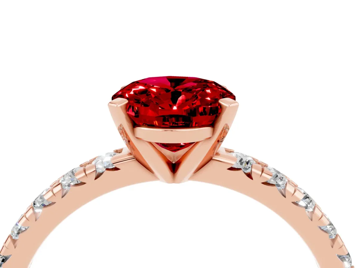Oval Cut Ruby Solitaire Pavé Engagement Ring with Round Band and Prong Setting Rose gold