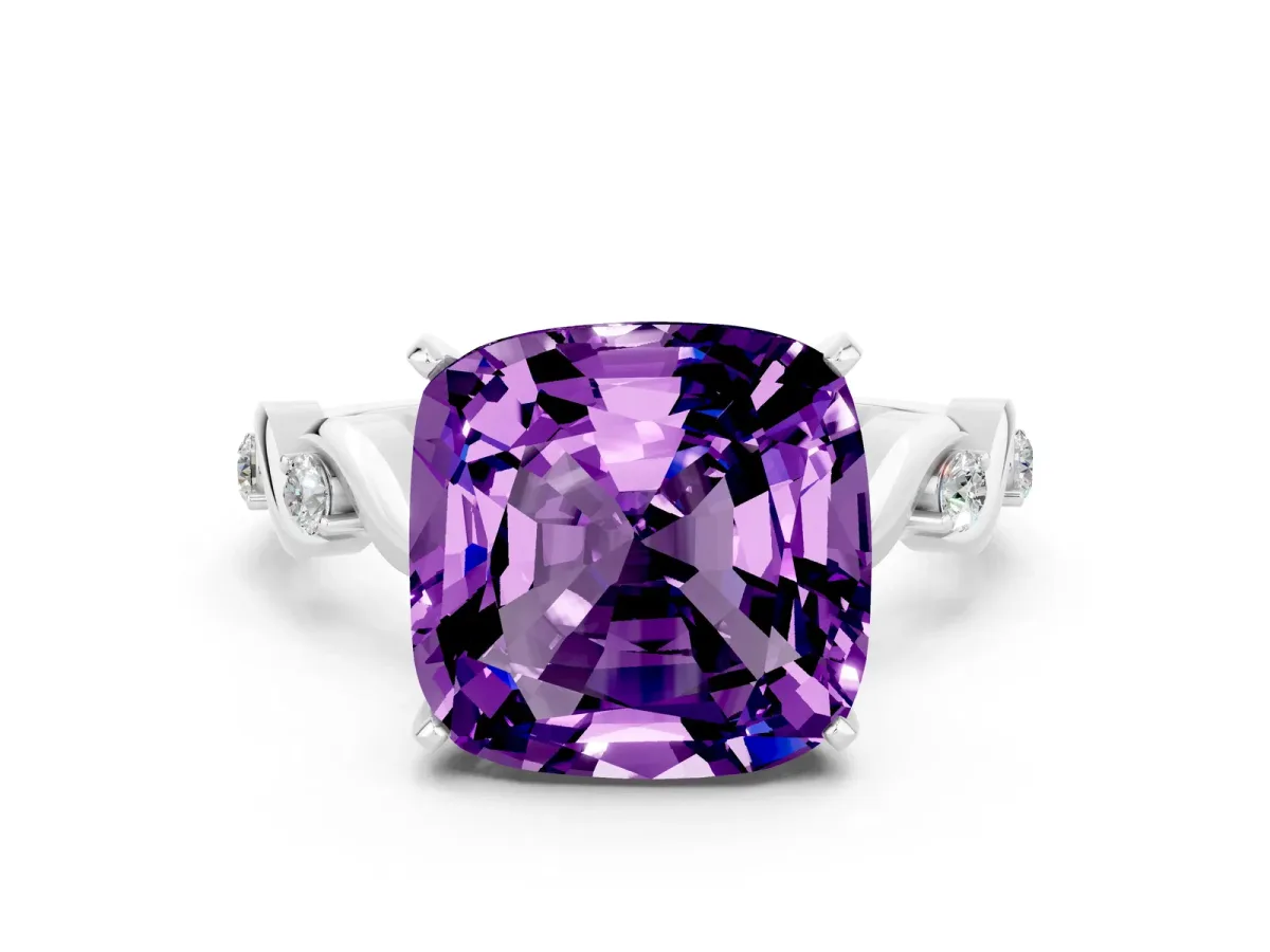 Cushion Cut Amethyst Solitaire Twisted Band with Round Accents and Prong Setting Silver