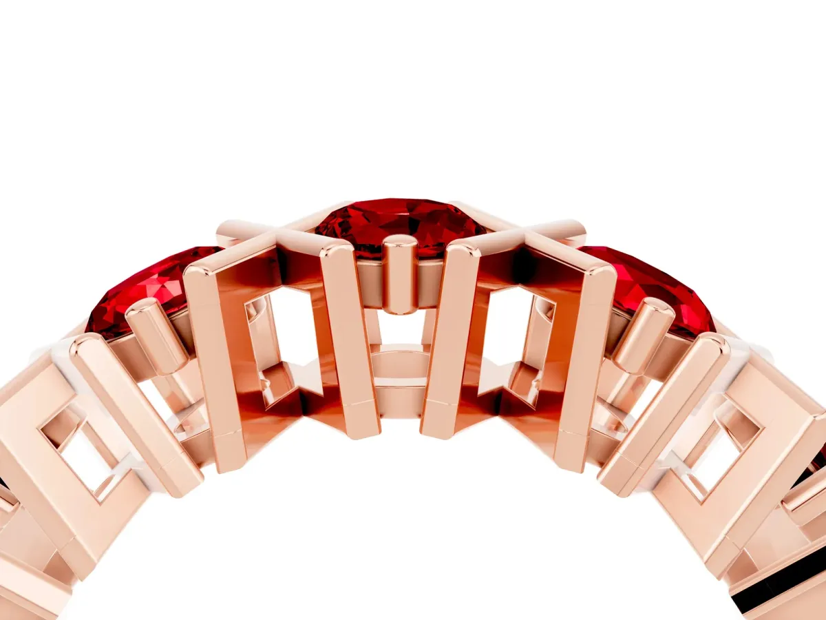 Round Ruby Channel Set Band with X-Prong Detail Rose gold