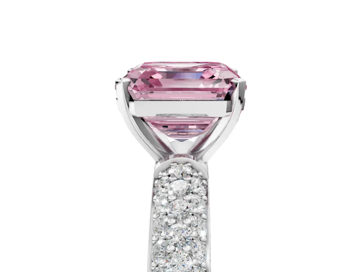 Fancy Pink Asscher Cut Diamond Solitaire Ring with Prong Setting and Pavé Band Platinum