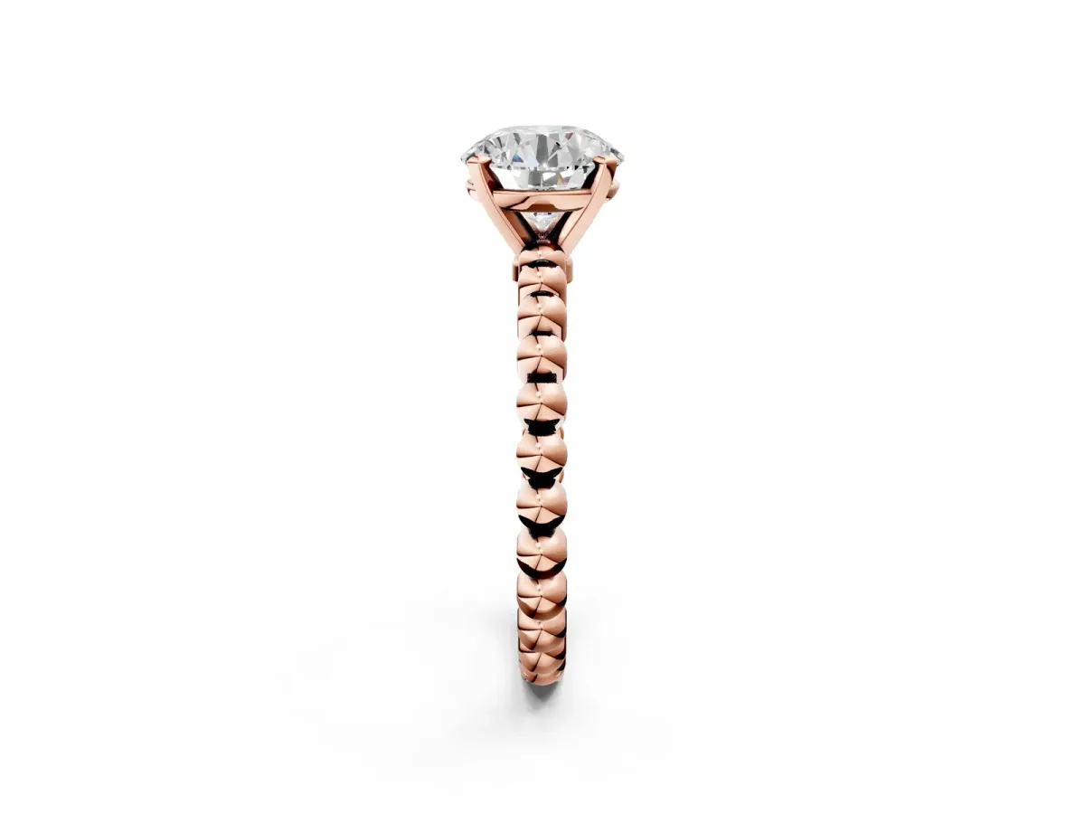 Round Cut Diamond Solitaire Ring with Beaded Band and Prong Setting Rose gold