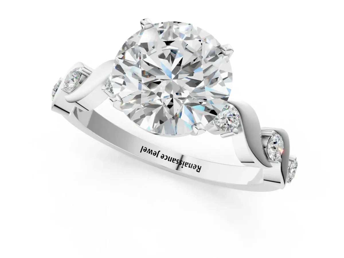 Round Cut Diamond Solitaire Twisted Band with Round Accents and Prong Setting Silver