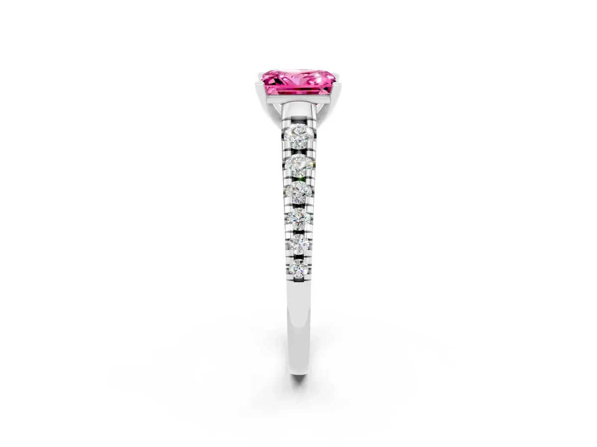 Princess Cut Pink Sapphire Cathedral Solitaire Ring with Round Pavé Band Silver