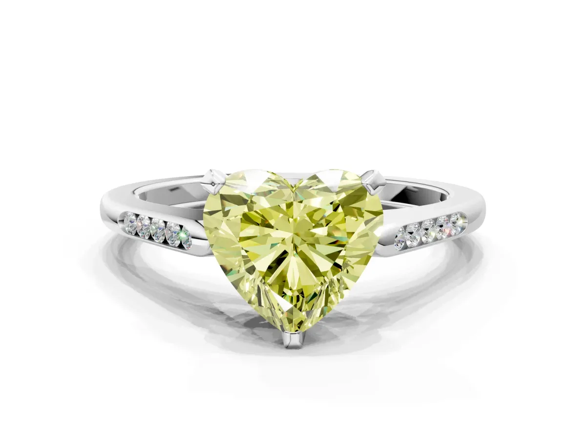 Fancy Yellow Heart Cut Diamond Solitaire Ring with Channel Set Round Band and Prong Setting Silver