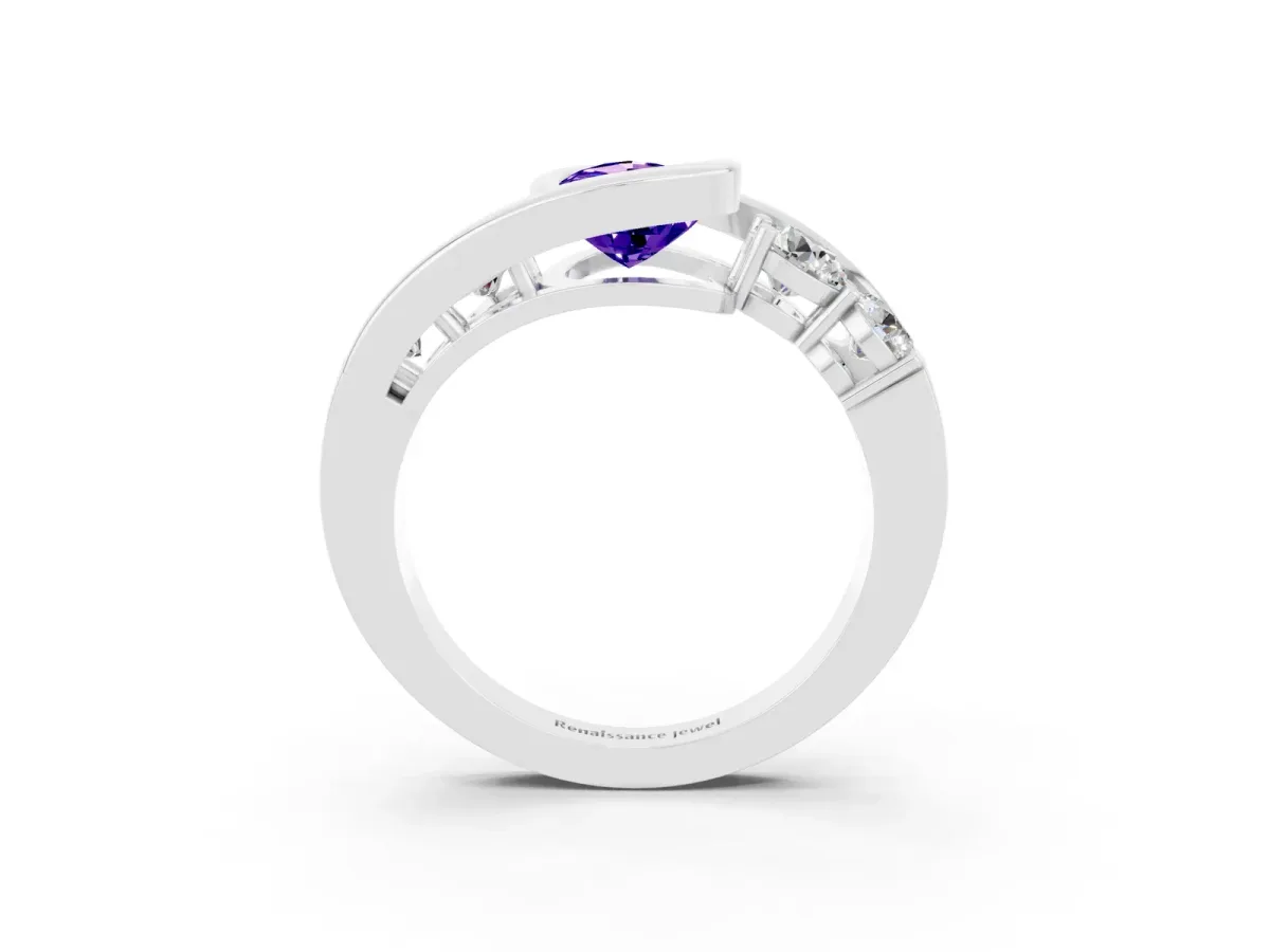 Bezel Set Pear Cut Tanzanite Bypass Ring with Round Accents Platinum