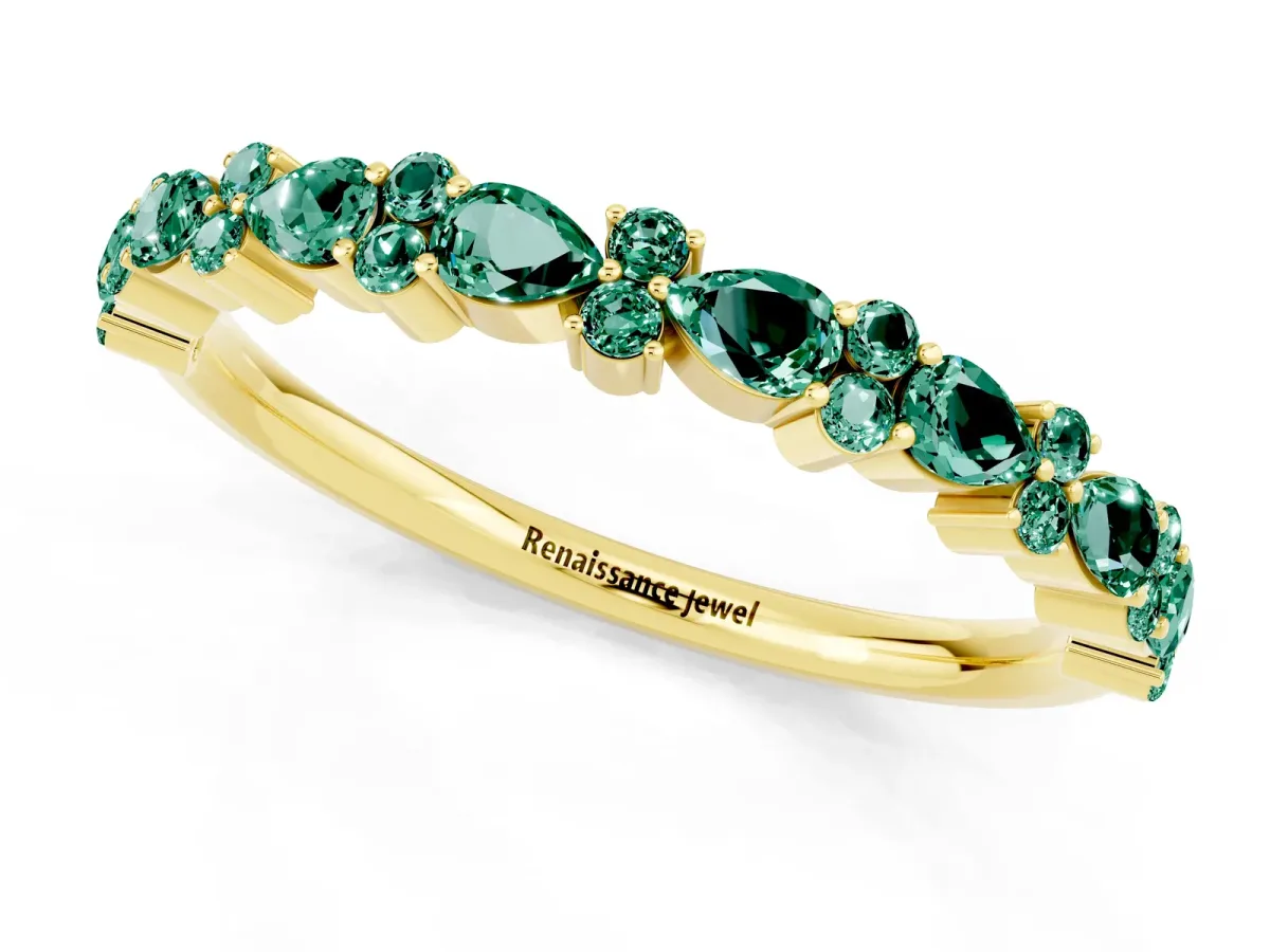 Pear and Round Green Sapphire Wedding Band Yellow gold