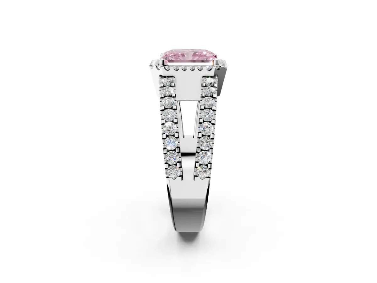 Fancy Pink Radiant Cut Cut Halo Split Shank Diamond Ring with Four-Prong Setting Platinum