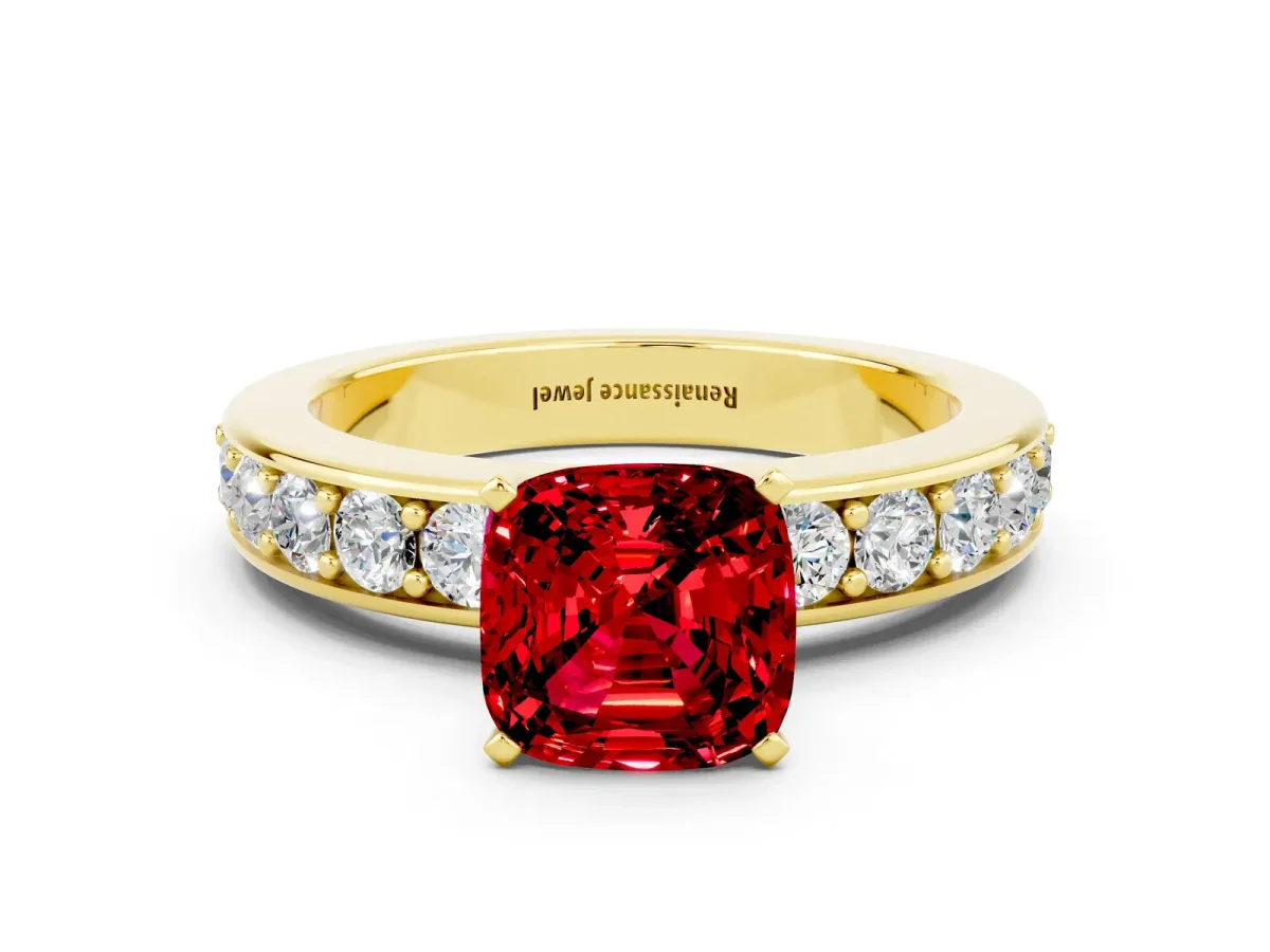 Cushion Cut Ruby Engagement Ring with Channel Set Round Band and Prong Setting Yellow gold
