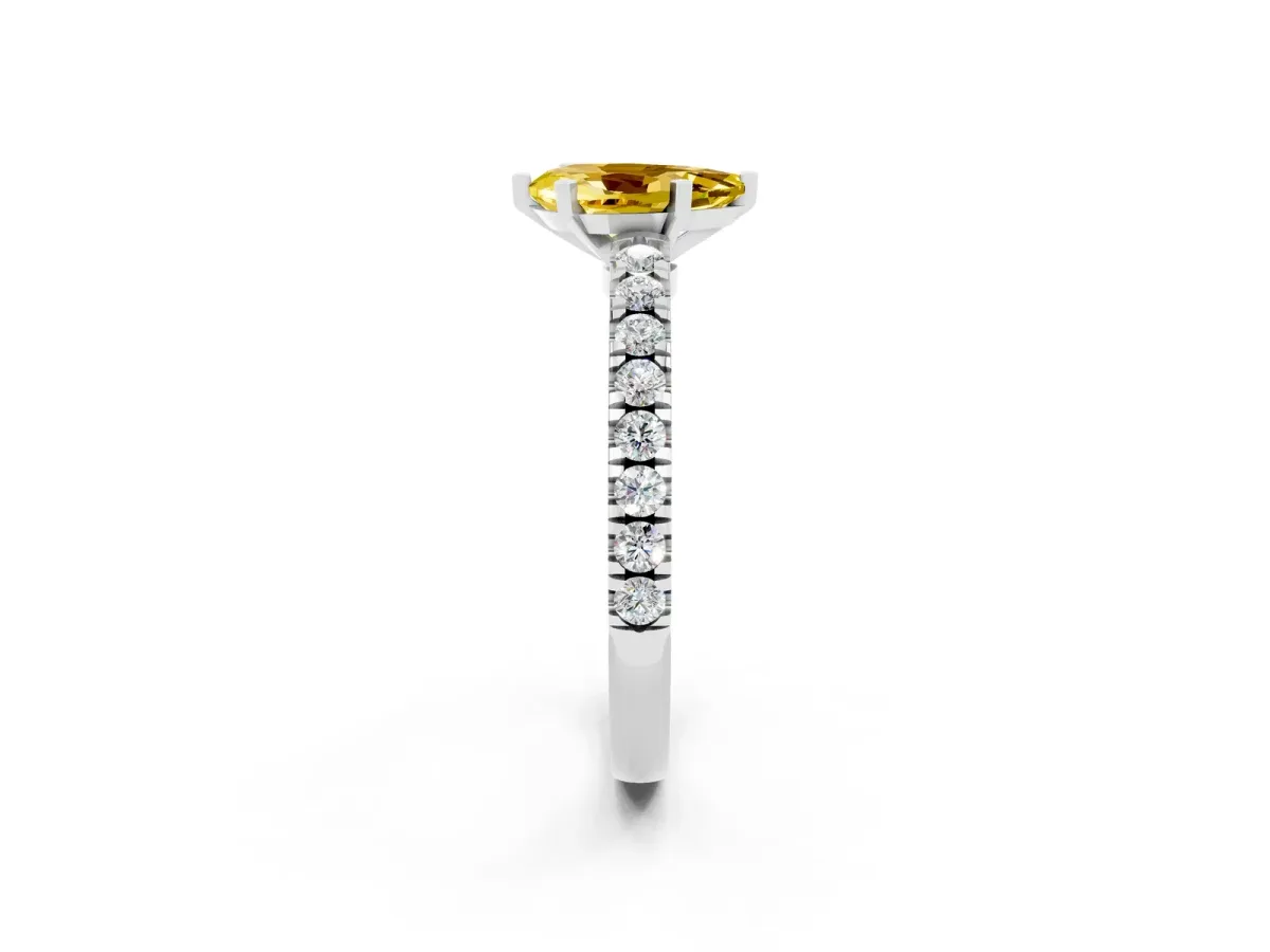 Pear Cut Solitaire Yellow Sapphire with Pavé Band and Four-Prong Setting Silver