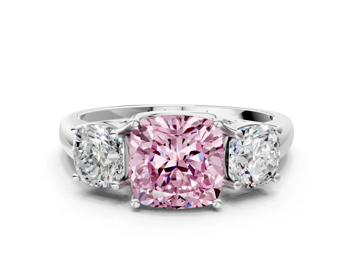 Fancy Pink Three-Stone Cushion Cut Diamond Engagement Ring with Prong Setting White gold
