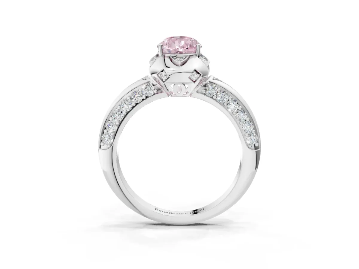 Fancy Pink Pear Cut Halo Split Shank Pave Diamond Ring with Petal Prong Setting Platinum