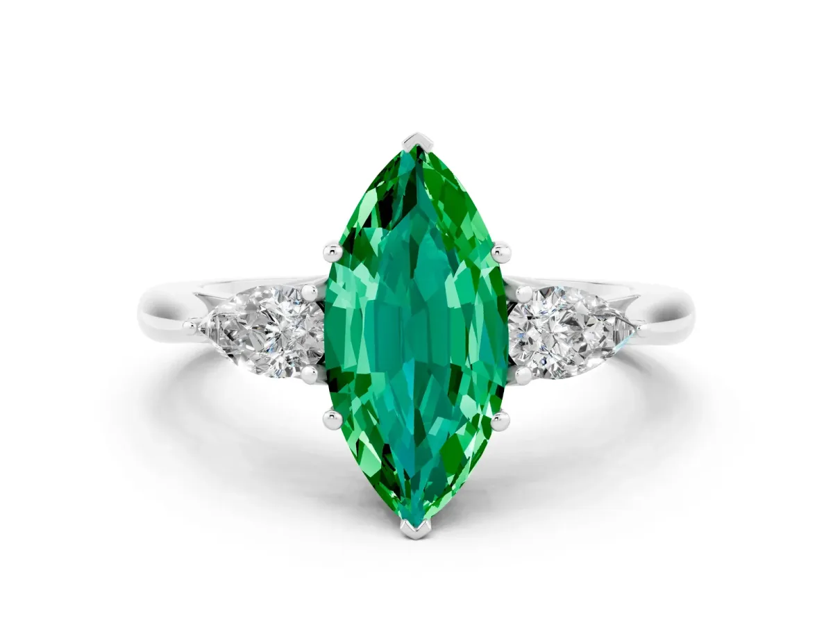 Marquise Cut Emerald Three-Stone Ring with Pear Side Stones and Prong Setting White gold