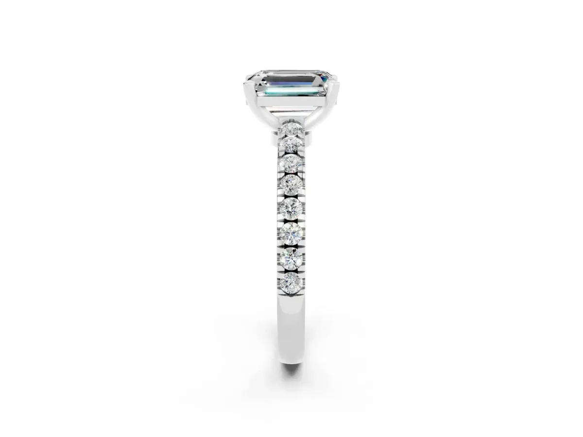 Emerald Cut Solitaire Moissanite with Pavé Band and Four-Prong Setting Silver