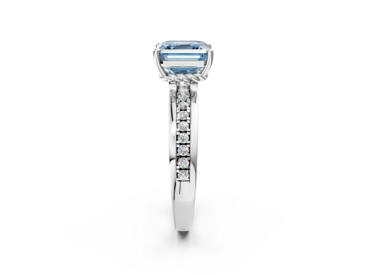 Fancy Blue Asscher Cut Solitaire Diamond Ring with Channel Set Band and Six-Prong Setting Platinum