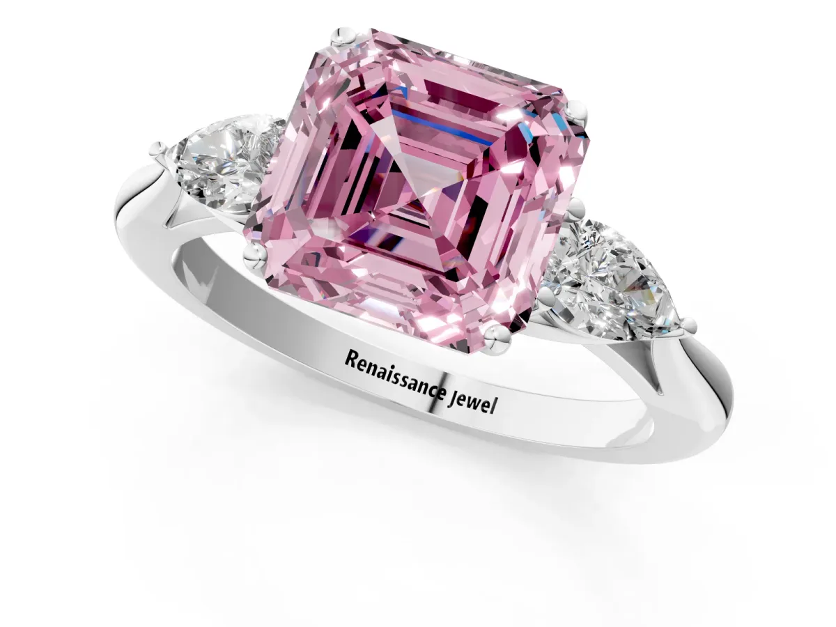 Fancy Pink Three-Stone Asscher Cut Diamond Ring with Pear Side Stones in Four-Prong Setting Platinum