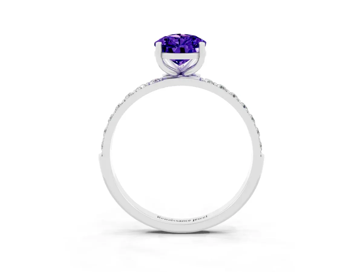 Pear Cut Tanzanite Solitaire Ring with Round Pavé Shoulders and Prong Setting White gold