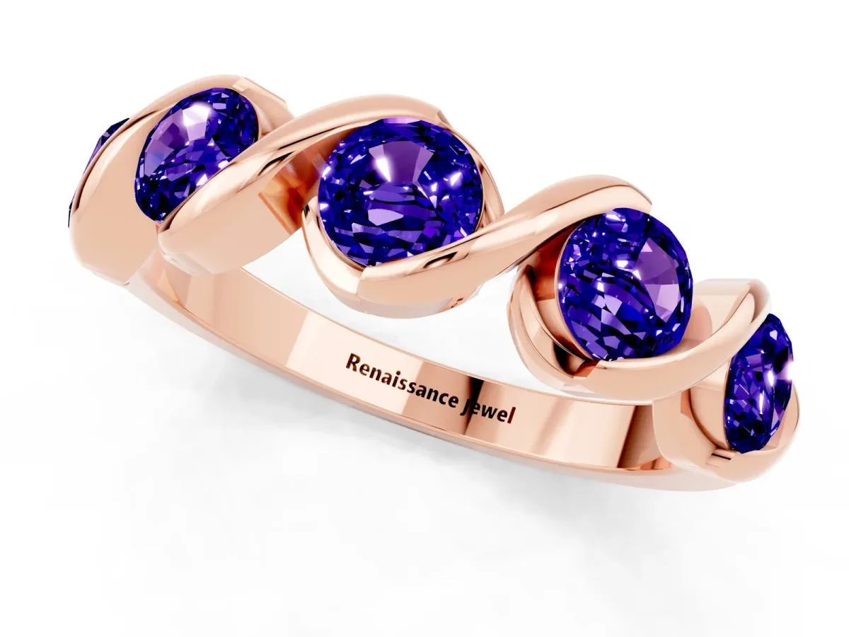 Round Tanzanite Wave Band with Channel Setting and Shared Prongs Rose gold