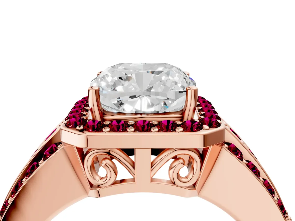 Cushion Cut Halo Diamond Ring with Round Garnet Split Shank and Prong Setting Rose gold