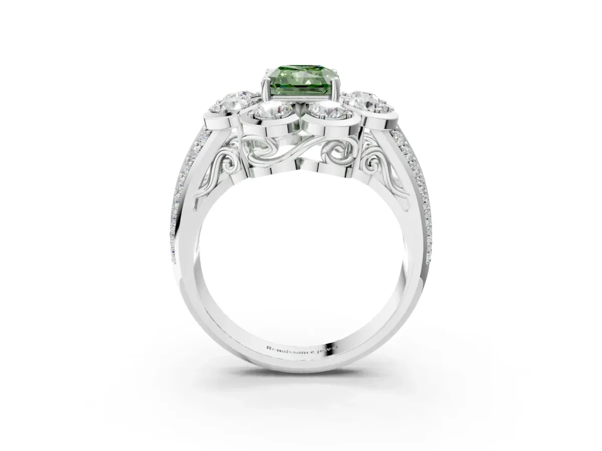 Fancy Green Radiant Cut Brilliant Flower Halo Diamond Split Shank Ring Platinum