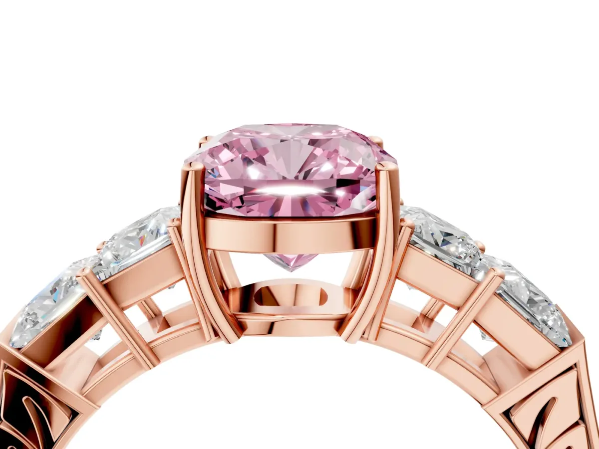 Fancy Pink Cushion Cut Solitaire Princess Side Stone Engraved Band Prong Setting Ring Rose gold