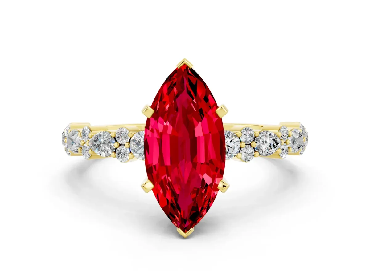 Marquise Cut Ruby Side Stone Solitaire Ring with Round and Four-Prong Setting Yellow gold