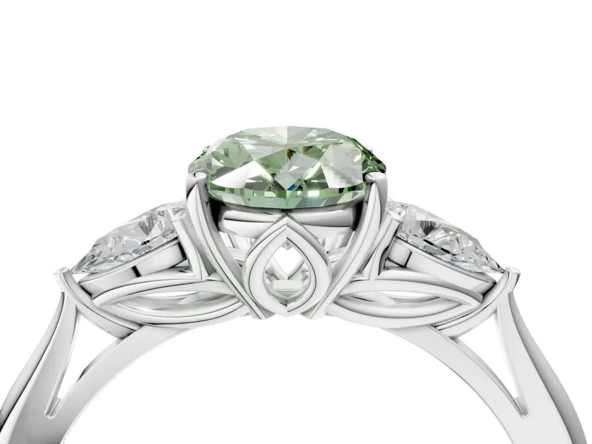 Fancy Green Three-Stone Oval Cut Diamond Ring with Pear Side Stones in Four-Prong Setting White gold