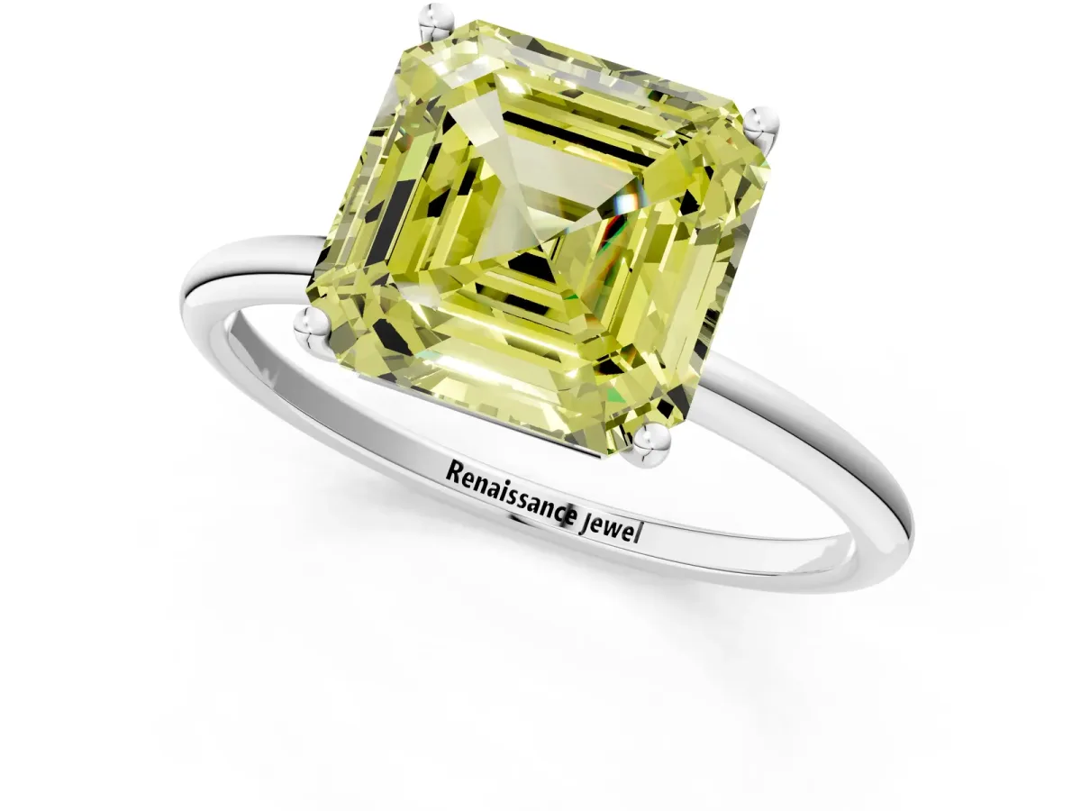Fancy Yellow Asscher Cut Cut Solitaire Engagement Ring with Thin Band and Four-Prong Setting Platinum