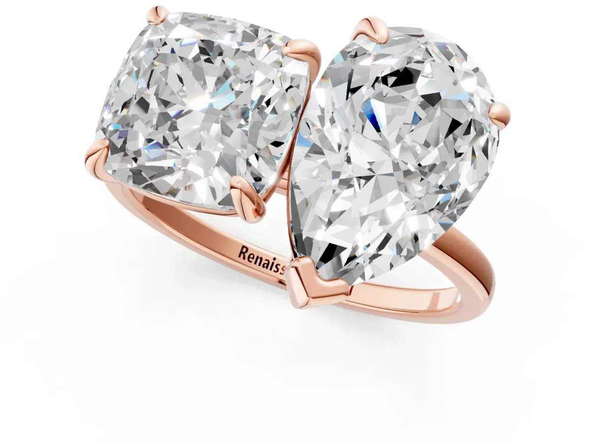 Pear and Cushion Toi Moi Ring with Prong Setting and Plain Band Rose gold