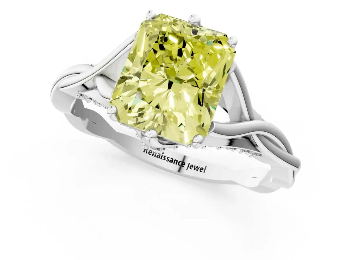 Fancy Yellow Radiant Cut Solitaire Twist Band Six-Prong Setting Platinum